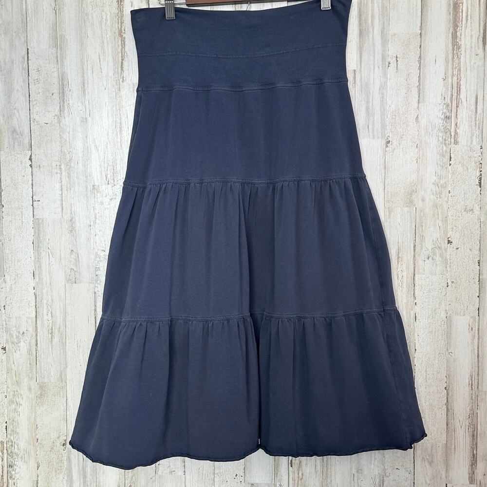 Loft Cotton Tiered Skirt High Waist Stretch Ruched Navy Blue Sz Medium Coastal